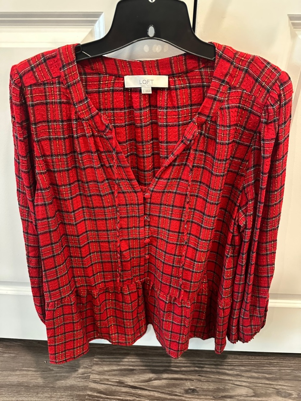 LOFT Red Plaid Peplum Button-Front Blouse
